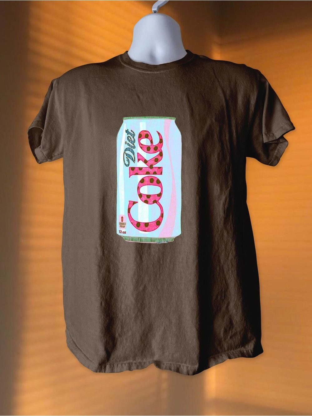 Gildan Brown Tee with Pastel Pink & Light Blue Soda Can Graphic